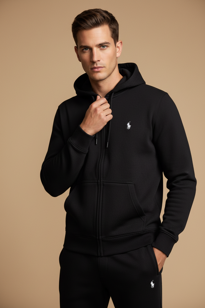 Premium Black Polo Track Suit - Model wearing black hoodie and joggers