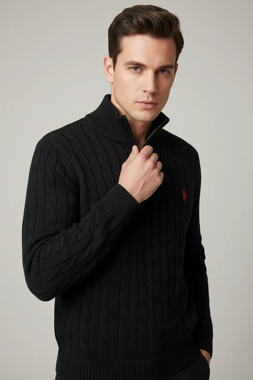Premium Black Cable Knit Quarter-Zip Sweater
