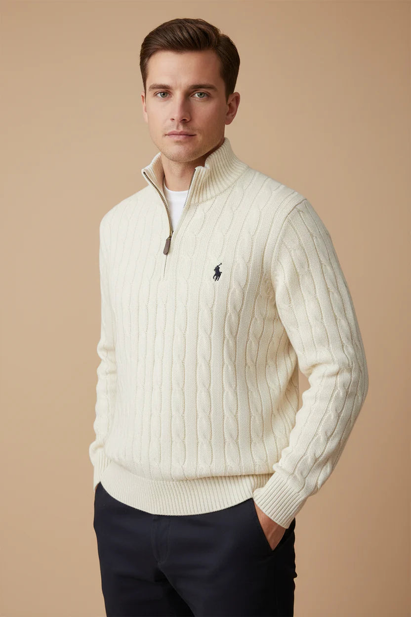 Premium Cream Cable Knit Quarter-Zip Sweater