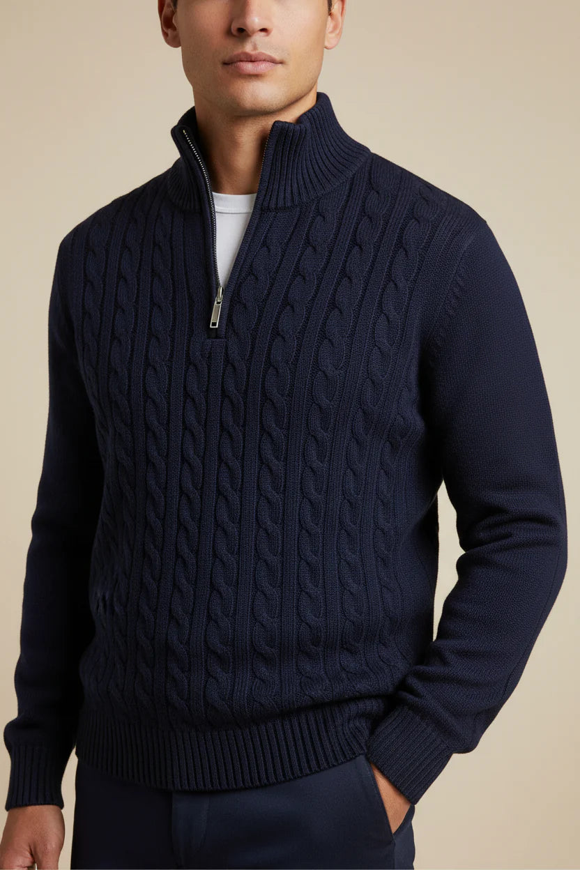 Premium Navy Cable Knit Quarter-Zip Sweater
